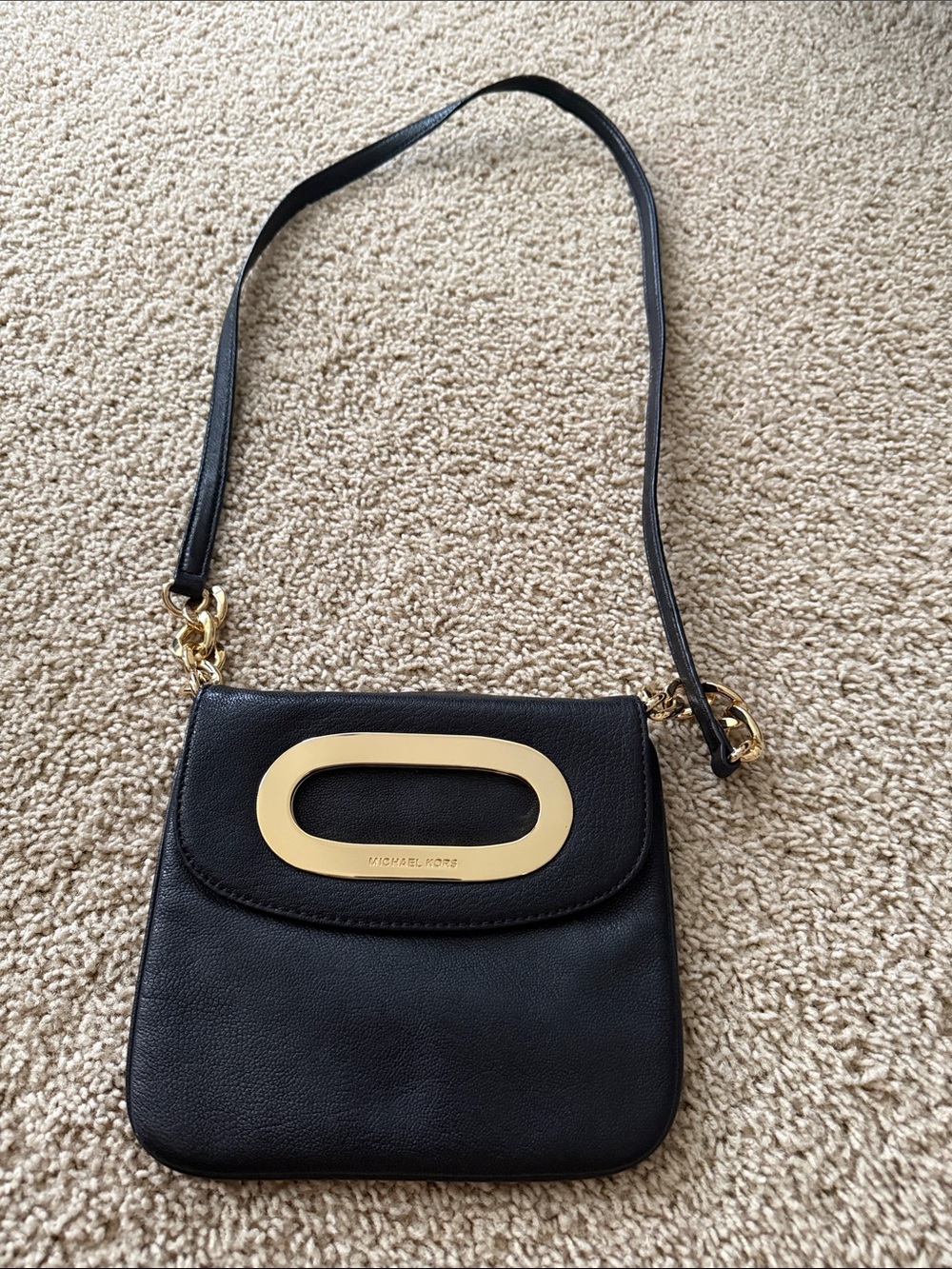 Michael Kors Black Leather Crossbody with Gold Oval Accent